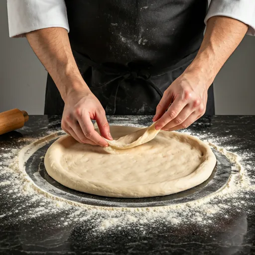 Baker preparing pizza dough on a floured marble surface