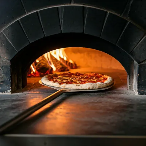Hot pizza being pulled from a stone oven