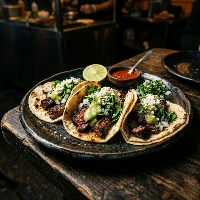 Close up of Carne Asada tacos on a dark ceramic plate