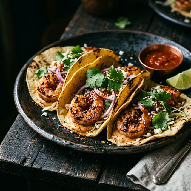 Close up of spicy shrimp tacos with cilantro